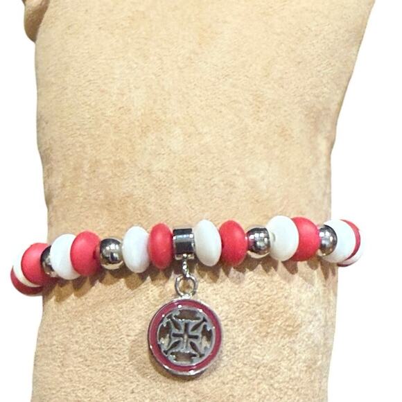 Rustic Cuff Red, White , & Silver Beads Stretch Bracelet Stackable logo charm - Picture 12 of 12